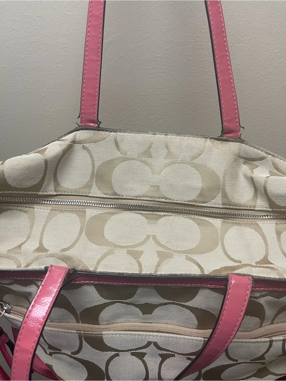 Coach Beige Signature Canvas Tote with Pink Leather Trim